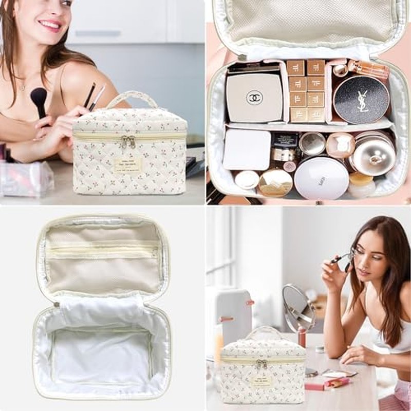 Big Cute Makeup Bag for Women, Large Travel Floral Cotton Cosmetic Bag, Coquette Aesthetic Quilted Toiletry Organizer Bag (White floral)