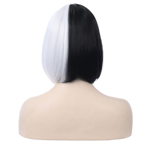 PATTNIUM Black White Bob Wig Short Straight Wig with Bangs Two Color Bob Wig for Women and Girls Synthetic Wig (Black White)