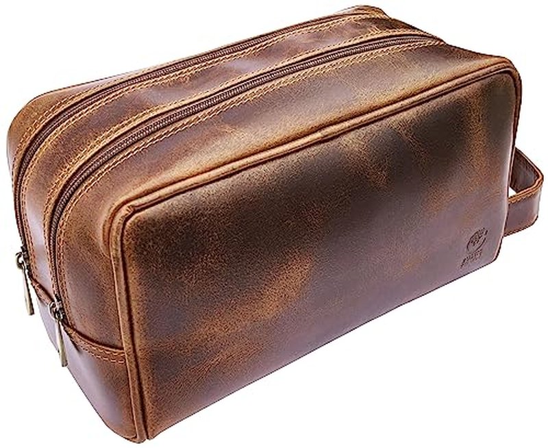 RUSTIC TOWN Leather Toiletry Bag for Men - Travel Shaving Dopp Kit - Bathroom Shower Toiletries Organizer - Leather Cosmetic Bag for Women (Antique Brown)