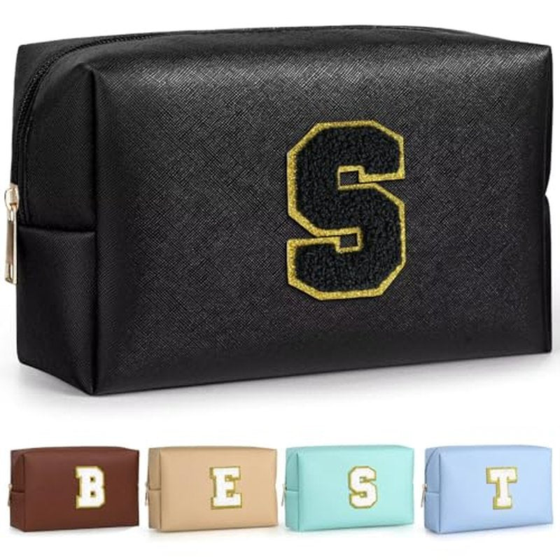 TOPEAST Initial Makeup Bag For Travel, Chenille Letter Pouch Cosmetic Bag, PU Leather Waterproof Toiletry Bag, Personalized Gifts For Bride Bridemaids, Cute Things for Girls (Blue Q)
