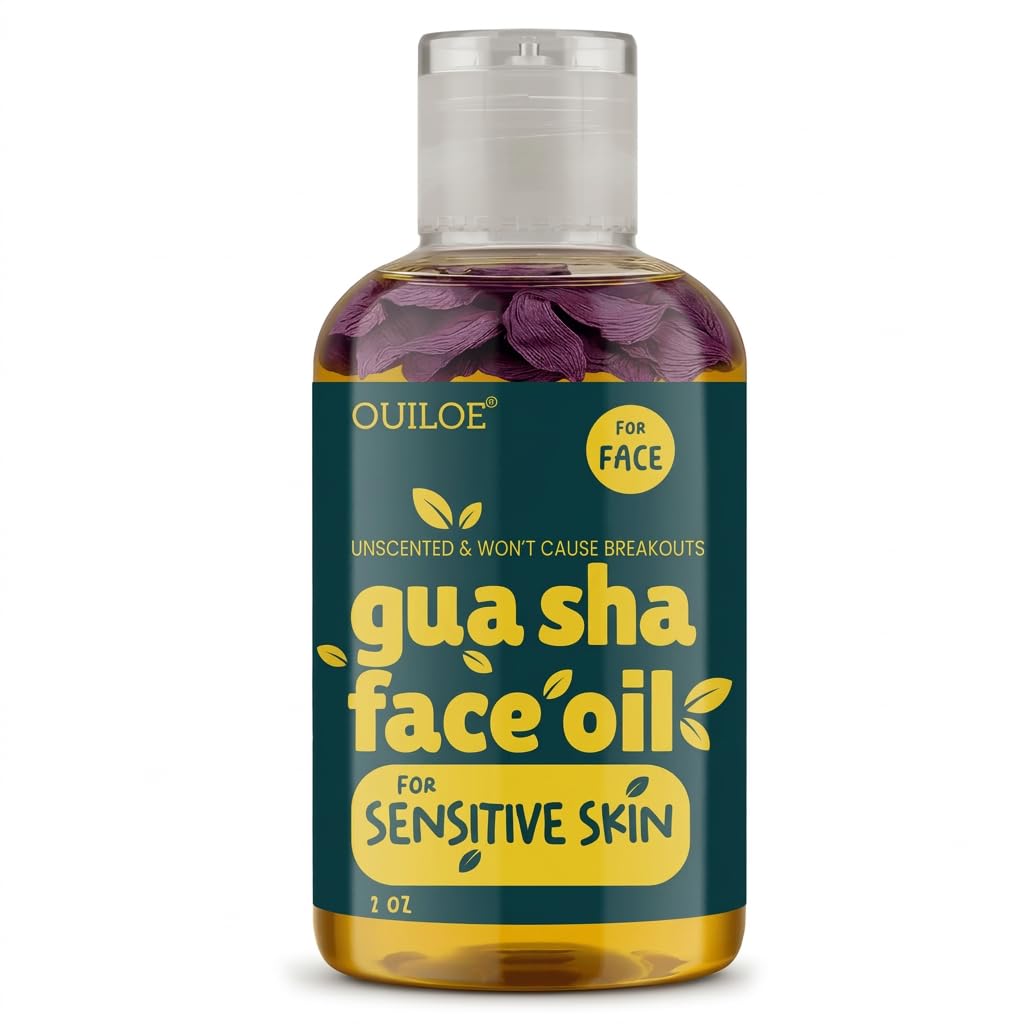 Ouiloe Guasha Oil for Sensitive Skin - Non Comedogenic Facial Oil for Gua Sha - Non Greasy Face Oil for Lymphatic Drainage - Unscented, Lightweight, Natural and Non Irritating, 2oz
