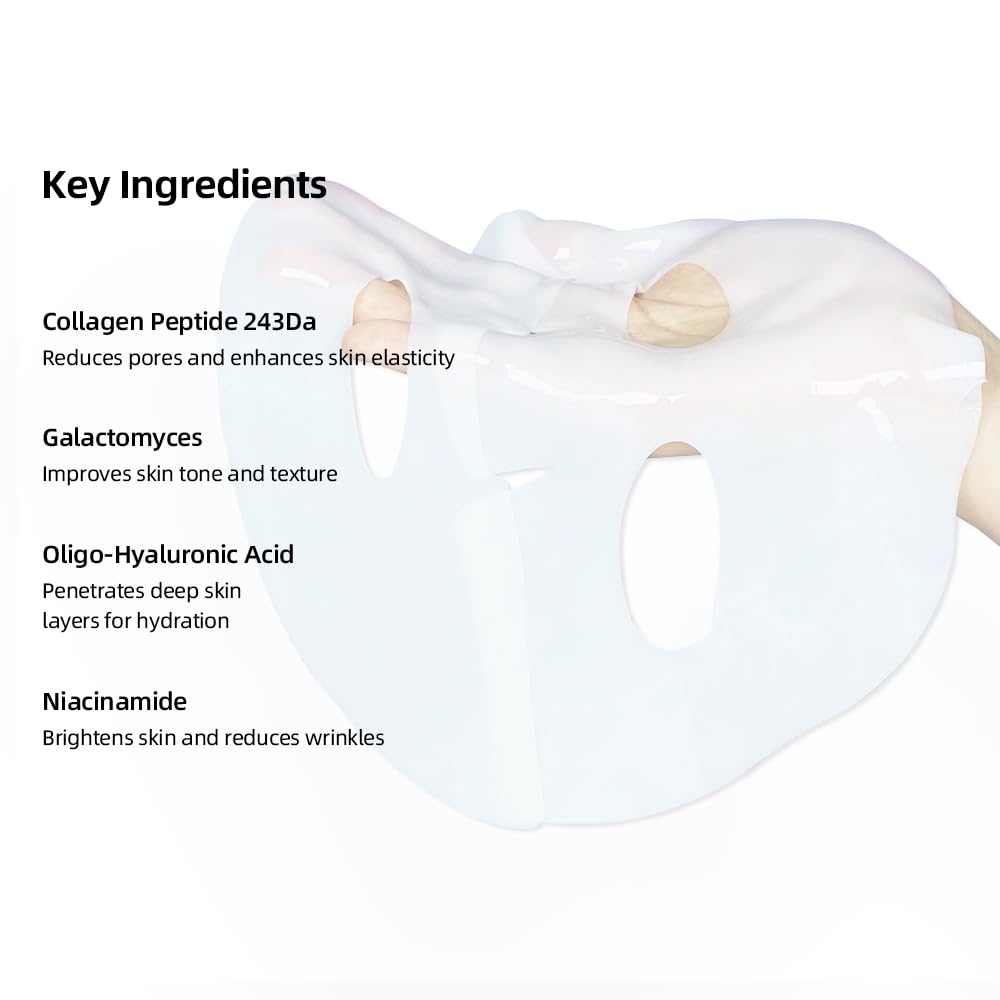 Collagen Face Mask 5 Pack, Korean Hydrating Sheet Mask for Glowing Glass Skin, Anti Aging Firming & Deep Moisturizing Facial Mask, Bio Collagen Jelly Mask