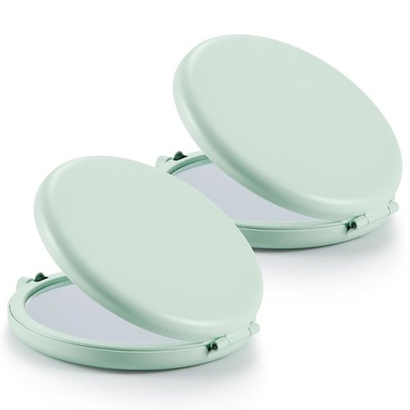 Getinbulk Compact Mirror for Purse, Set of 2 Double-Sided 1X/2X Magnifying Metal Pocket Makeup Mirrors(Round, Cyan)