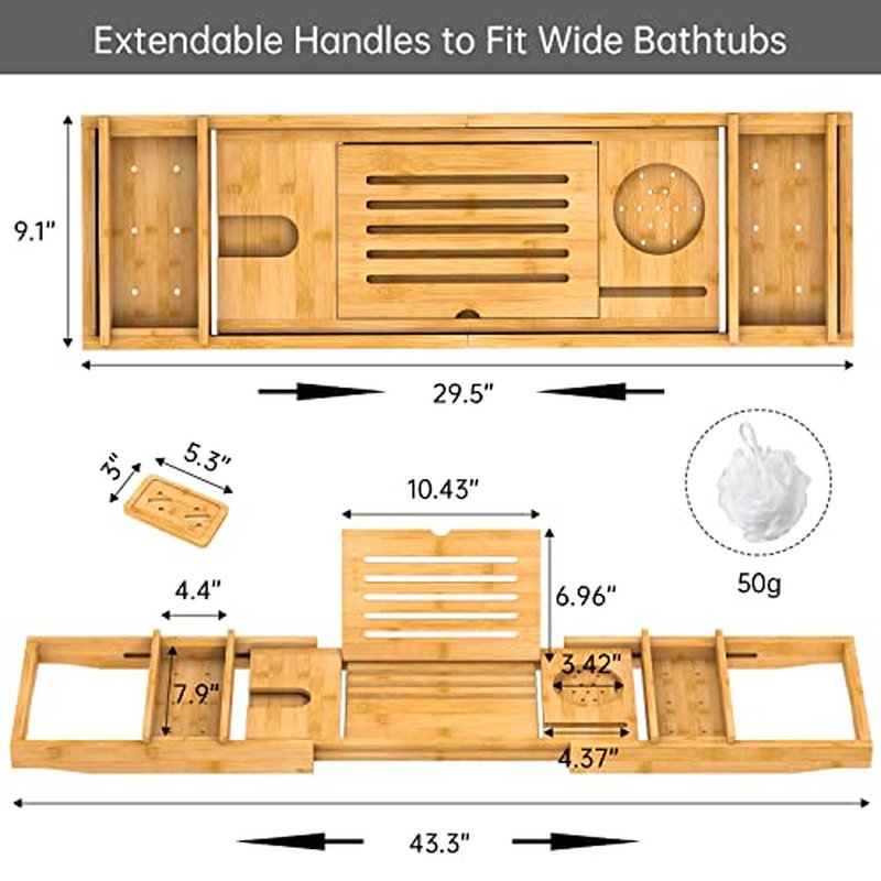 Bamboo Bathtub Tray for Luxury Bathroom, Expandable Premium Bath Tray w/Soap Towel Book Holder, Adjustable Bath Accessories for Tub,Extendable Tub Tray w/Wine Glass Cup Organizer 29.5"-43.3" Nature