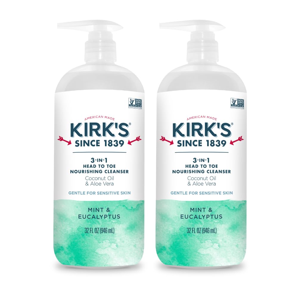 Kirk's Mint and Eucalyptus 3-in-1 Nourishing Cleanser, Shampoo Body Wash Bubble Bath, Coconut Oil and Aloe Vera, Vegan Non-GMO, 32 Fl Oz, Pack of 2