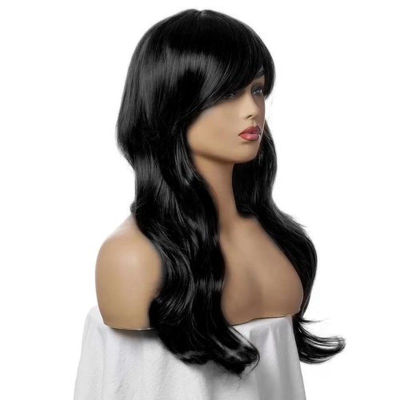 Luhuanx Wigs for Women Girls Long Wavy Heat Resistant Fiber Wigs Side Bangs Cosplay Party, Women's Wigs with Bangs Long Fluffy Curly Wavy (Black)