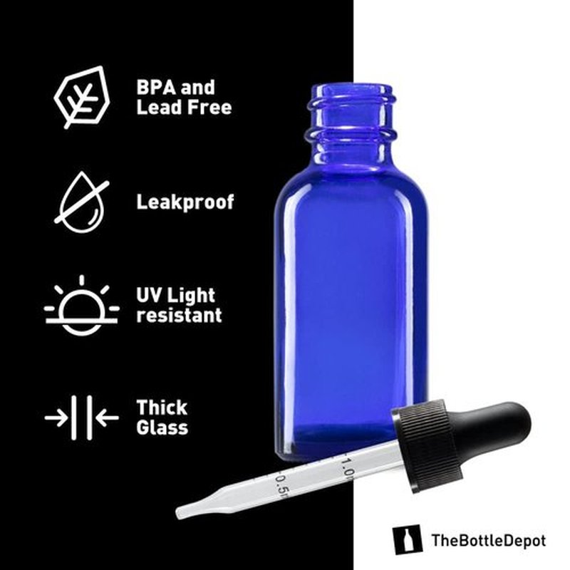 The Bottle Depot - 4 Pack - 1 oz Glass Bottle with Dropper - Blue - 20-400 Neck Finish - Boston Round Bottles - Leakproof Essential Oils Bottles