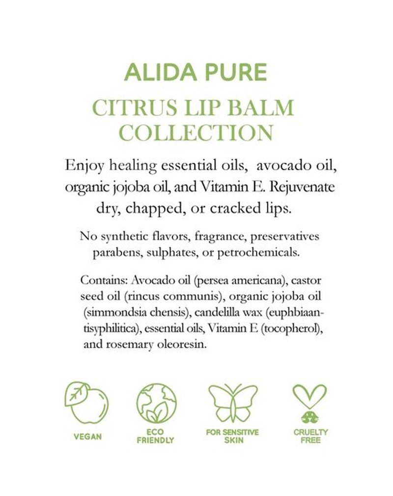 ALIDA PURE Citrus Lip Balm Collection, Vegan Lip Balm Set, Bees Wax Free, Coconut Oil Free, Avocado Oil, Organic Jojoba Oil, Vitamin E, Natural Moisturizer For Dry Cracked Lips, 3 Tube Set