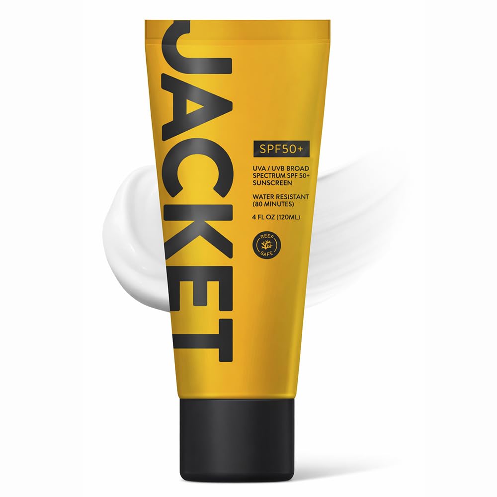 JACKET Sunscreen SPF 50+ | Mineral Sunscreen with Vitamin C | Water Resistant 80 Min, Natural, Reef Safe | UVA/UVB Broad Spectrum Protection for Face & Body, 4 FL Oz