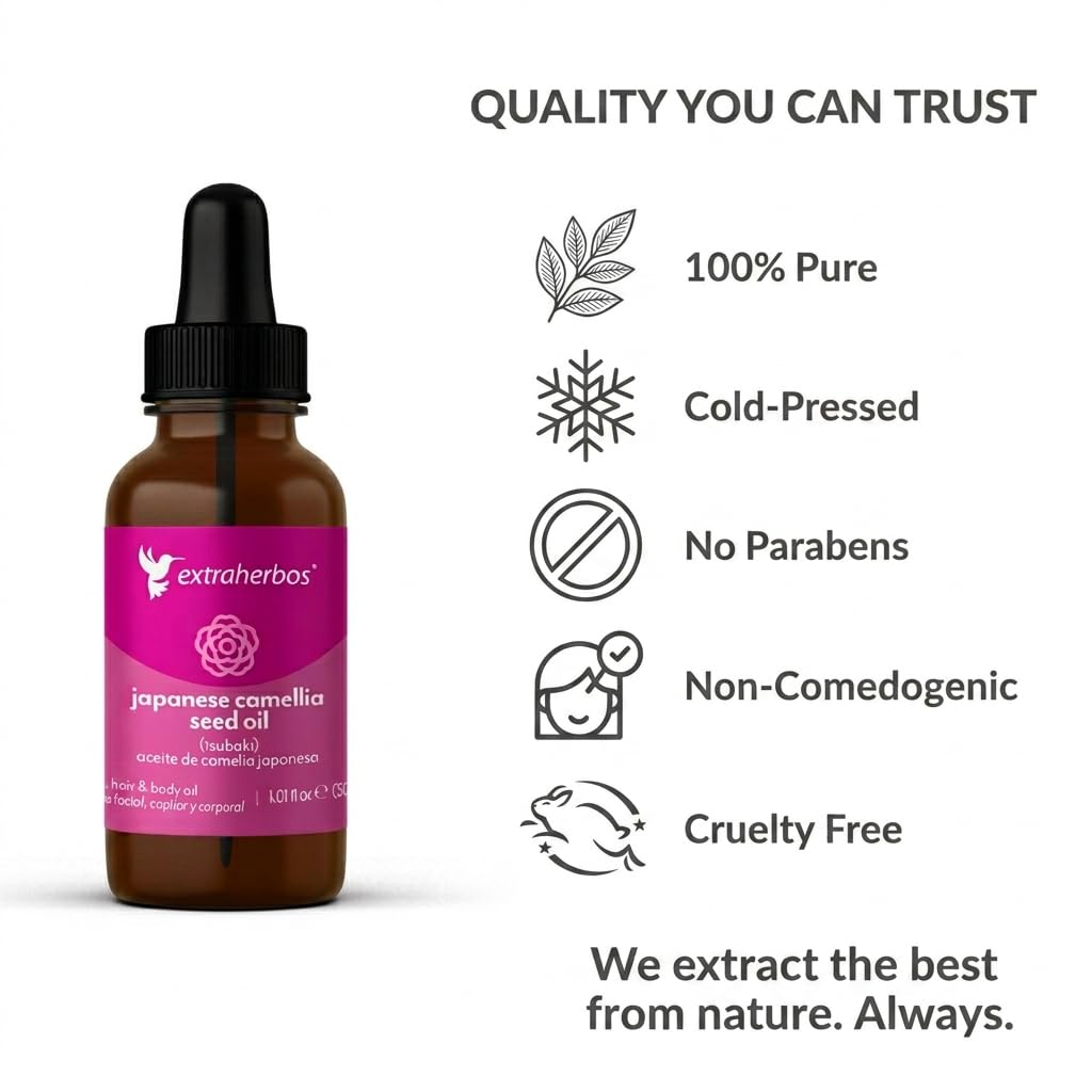 Extraherbos Pure Japanese Camellia Oil (Tsubaki) - 100% Organic Cold-Pressed Face & Hair Oil - Natural Glow & Anti-Aging Moisturizer - Japanese Beauty Secret for Glass Skin - Vegan -1 fl oz