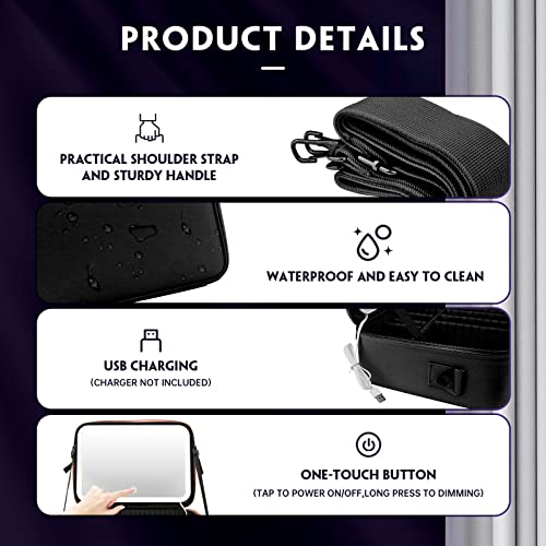 Smacen Large capacity Cosmetics Train Case with LED Lighted Mirror Rechargeable 3 Color Lights Adjustable Brightness Portable Makeup bag with Adjustable Dividers and Shoulder Straps (Black)