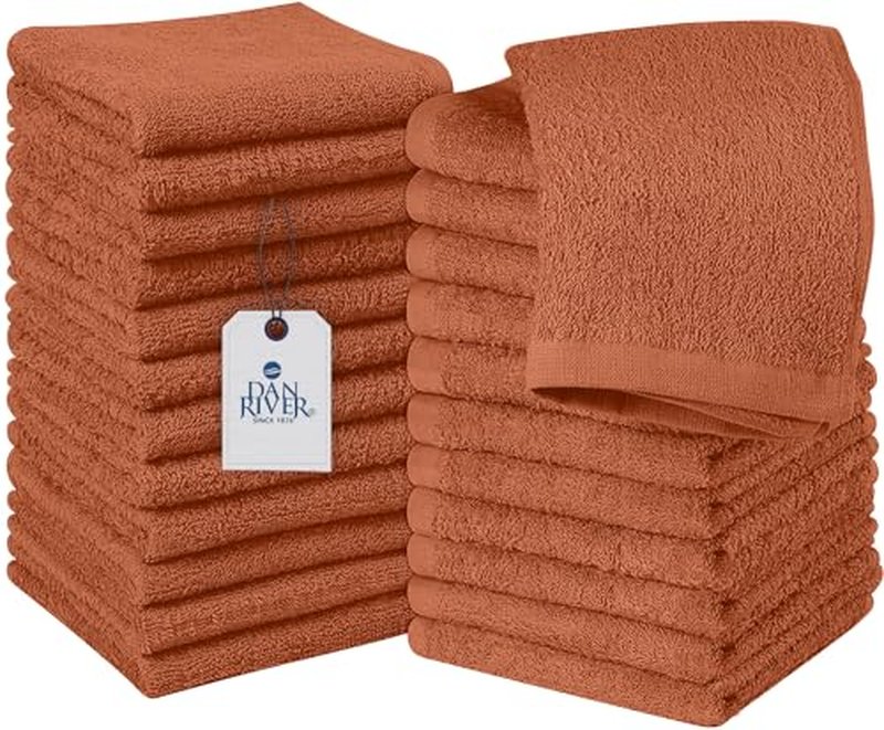 DAN RIVER 100% Cotton Washcloths 24 Pack Premium Quality Face and Body Cloth, Quick Dry Essential Towels for Bathroom, Hand, Kitchen & Cleaning, Baby Rugs | 12X12 in | 400 GSM | Orange Rust