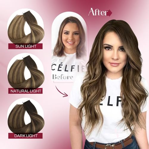 Vivien Balayage Tape in Hair Extensions Human Hair Brown to Caramel Blonde Tape in Extensions Human Hair Invisible Tape in Human Hair Extensions Seameless 22 Inch Short Human Hair 50g 20pcs