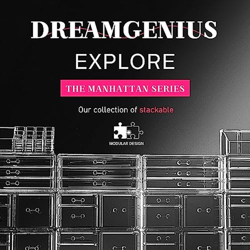 DreamGenius Makeup Organizer 4 Pieces, Acrylic Makeup Storage Box with 9 Drawers for Lipstick Jewelry and Makeup Brushes, Stackable Vanity Organizer for Dresser and Bathroom Countertop, Black