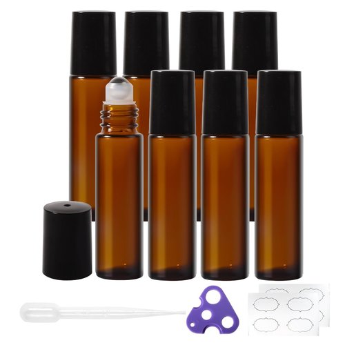 StellaCare Roller Bottles for Essential Oils,10ml Empty Glass Perfume Bottles with Stainless Steel Roller Balls, Opener,Droppers,Labels,8 pack Roll on Bottles