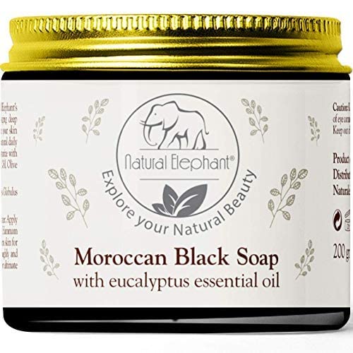Natural Elephant Moroccan Black Soap 200g (7oz) and 2 Pack Exfoliating Hammam Glove Combo (Teal Waves)
