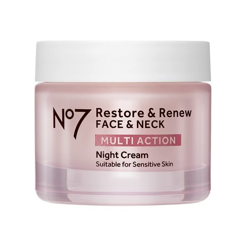 No7 Restore & Renew Multi Action Face & Neck Night Cream - Collagen Peptide Anti Aging Face Cream - Hydrating Hyaluronic Acid Night Cream - Shea Butter + Vitamin E Skin Firming Night Cream (50ml)