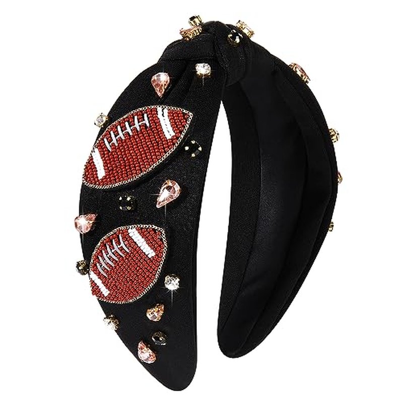JERTOCLE Football Knotted Headbands for Women Game Day Sports Headband Pearl Crystal Bejeweled Wide Top Knot Hairband Game Day Hair Accessories (Red Black3)