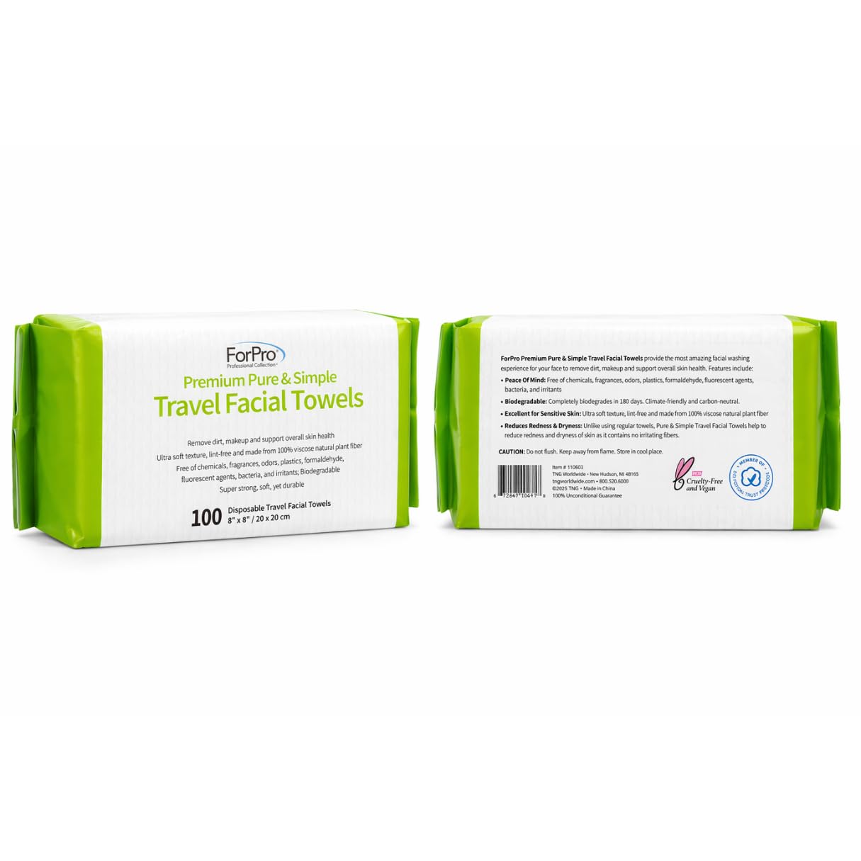ForPro Travel Size Disposable Face Towels, 8"x8" Compact Dry Wipes Bulk Pack, Ultra Soft Lint-Free Viscose Makeup Remover Pads for Sensitive Skin, Biodegradable, Vegan, 600-Count
