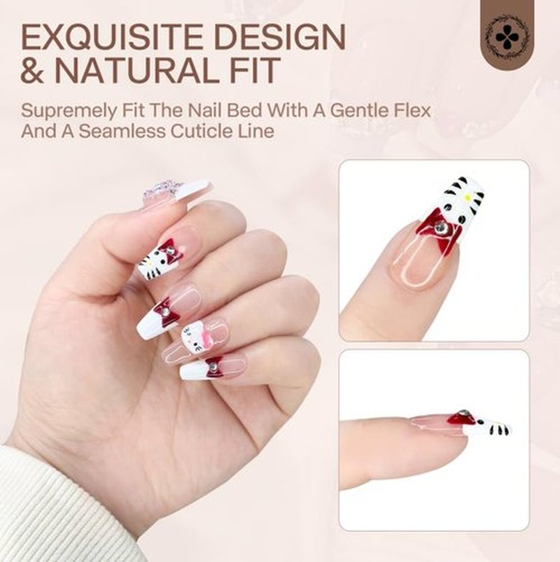 Ricefod Press on Nails Handmade Reusable Fake Nails with Cartoon Cat Design Press on False Nails French Tip Coffin Nails 10 Pcs Luxury Nails, Size:Small