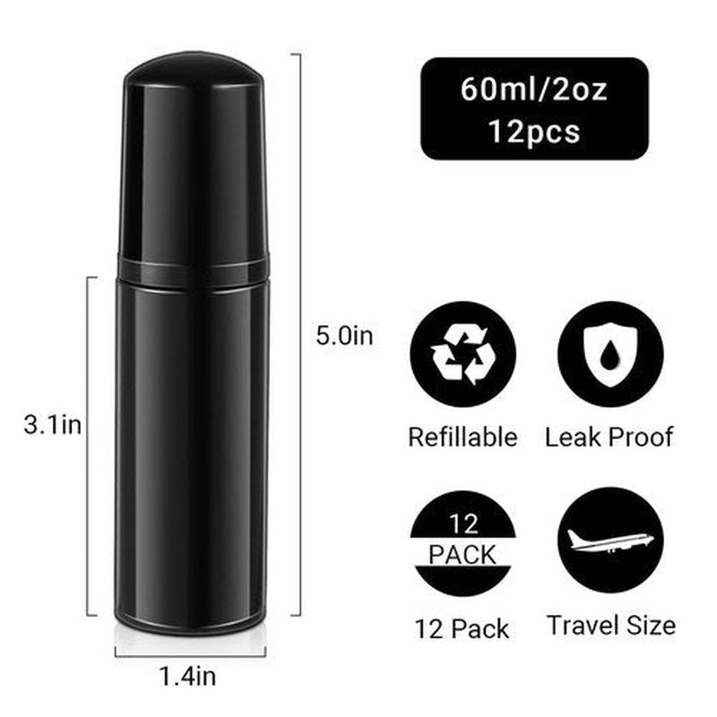 ASEVAT 12 Pcs Empty Foam Pump Bottle, 2 oz Travel Foaming Soap Dispenser, Lash Shampoo Bottle for Hand Soap, Lash Cleanser, Shampoo (Black)