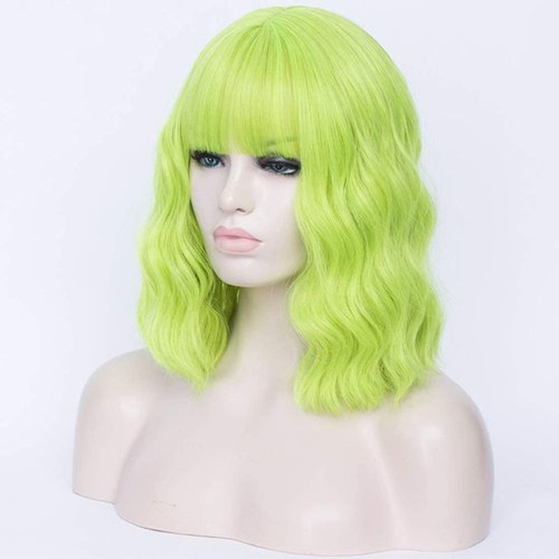WGPFWIG Women's Yellow Green Wig Short Curly Wavy Wig Shoulder Length Flat Bangs Wig For Women Girl Cosplay Party Halloween Wig Cap Included (Yellow Green)