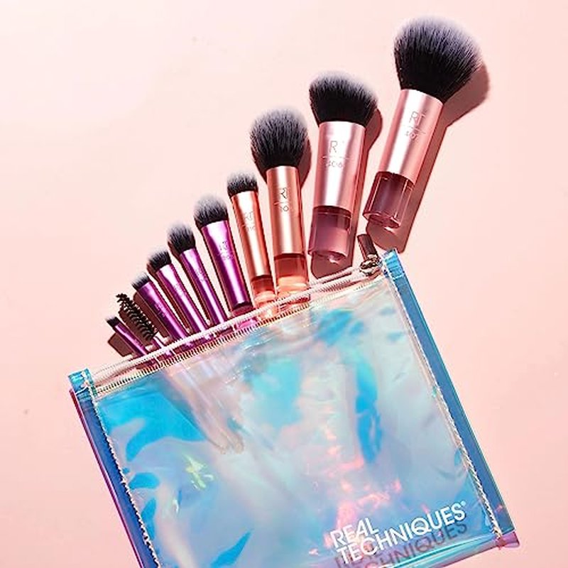 Real Techniques 11 Piece Travel Fantasy Mini Brush Set, Travel Size Makeup Brushes For Foundation Eyeshadow, Powder, Blush, Contour, & Concealer, Makeup Bag Included, Gift Set, Cruelty-Free