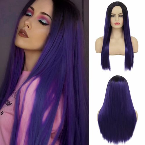 Kaneles Ombre Purple Long Straight Wig for Women Black Purple Silk Hair Wigs Middle Part Synthetic Heat Rsistant Cosplay Part Wig