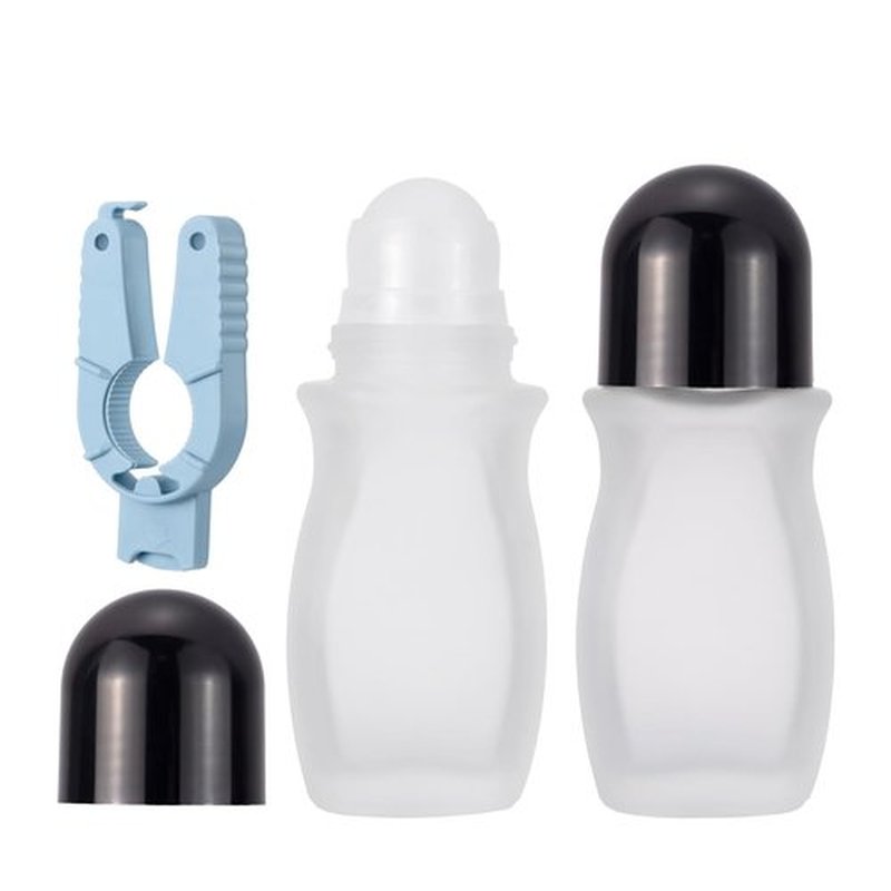 Kesell 2pack 50 ml/1.7oz Refillable Roll On Bottles with Plastic Roller Ball Frosted Clear Glass Rollerball Deodorant Container Set with Opener Essential Oil Perfume Glass Roller Bottles (Black Caps)