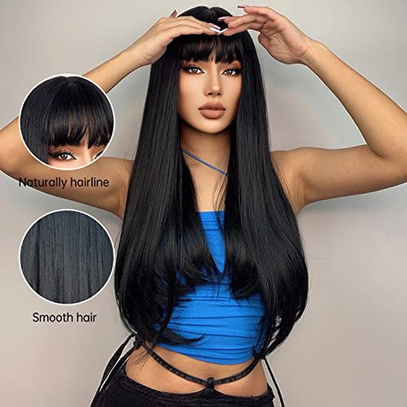 RightOn Black Wig for Women Long Straight Wig Black Wig with Bangs Long Wig Black Straight Wigs Full Machine Wig for Daily Cosplay Party