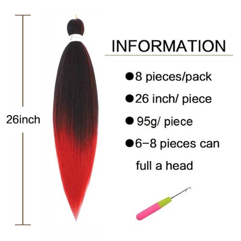 Pre Stretched Braiding Hair 26 Inch Ombre Red Braiding Hair 8 Packs Long Hair Extensions Braiding Twist Braids Itch Free Hot Water Setting Yaki Straight Synthetic Hair Extensions for Women