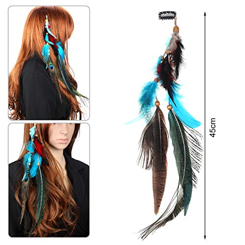 2Pcs Feather Hair Clip-in Extensions for Women Halloween Cosplay Costume Carnival Party Headdress, Handmade Bohemian Hippie Hair Clip Comb, Mixed Peacock Pheasant Tails Feather Clips Black Brown