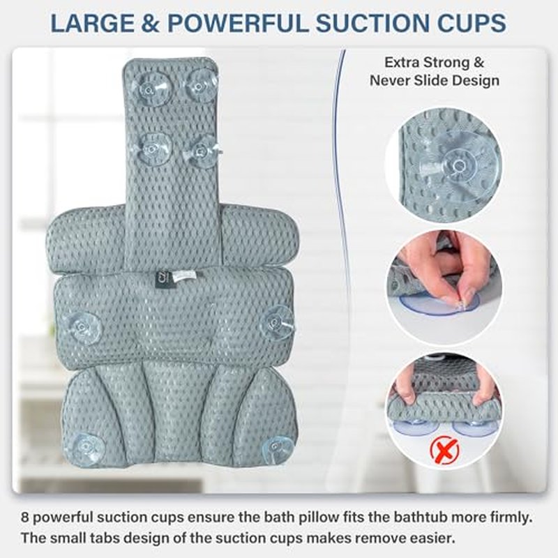 Bath Pillow Bathtub Pillow for Tub Luxury Bath Tub Pillows for Tub Neck and Back Support with Soft Mesh Fabric and 8 Strong Powerfull Non-Slip Suction Cups Relaxing Bath Accessories Spa Gifts, Grey