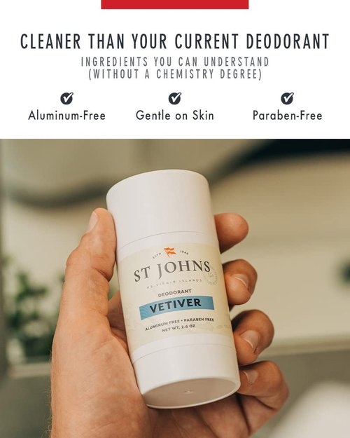 St Johns Vetiver Aluminum Free Deodorant | Long-Lasting, Odor Resistant, & Soothing | Clear Deodorant Stick | Odor-Free Deodorant Made of Natural Compounds | Vetiver Deodorant For Men (2.6 oz Stick)