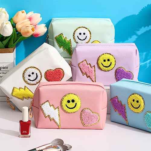 Silkfly 15 Pcs Preppy Patch Makeup Bag Bulk End of the Year Teacher Gifts Bulk Cosmetic Toiletry Bag Smile Lightning Heart PU Leather Portable Waterproof Makeup Cosmetic Purse for Women(Colorful)