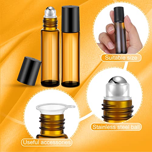 SEEWEY 96 Pcs Essential Oil Roller Bottles 10ml Empty Glass Roller Bottles with Stainless Steel Roller Balls Protection Leakproof with 5 Funnel for Travel Perfume Lip Gloss(Amber)
