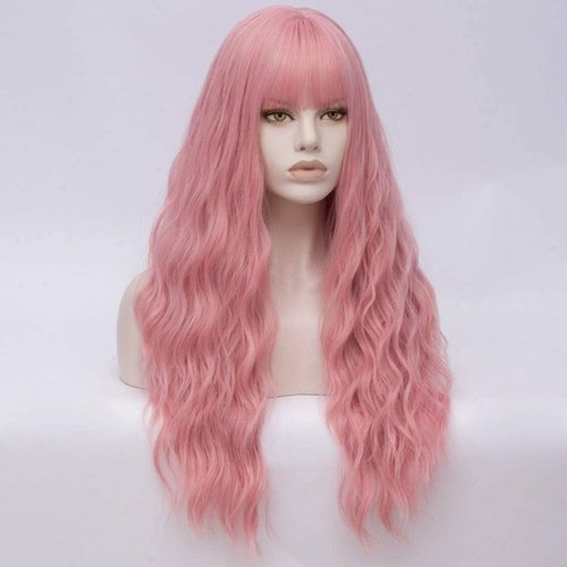 MORTICIA Women Long Kinky Curly Wavy Full Bang Wig for Party and Daily Wear (Mixed Pink)
