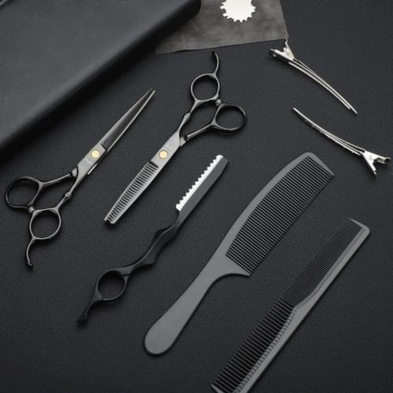 PURPLEBIRD Hair Cutting Scissors Kit, Professional Barber Scissors Hairdressing Shears Set with Stainless Steel Hair Scissors Thinning Scissors for Men Women Pet 10 Pcs Black