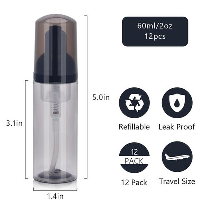 ASEVAT 12 Pcs Empty Foaming Pump Dispenser, 2 oz Refillable Lash Shampoo Bottles with Pump Mini Foam Pump Bottle for Hand Soap, Lash Cleanser(Clear Black)