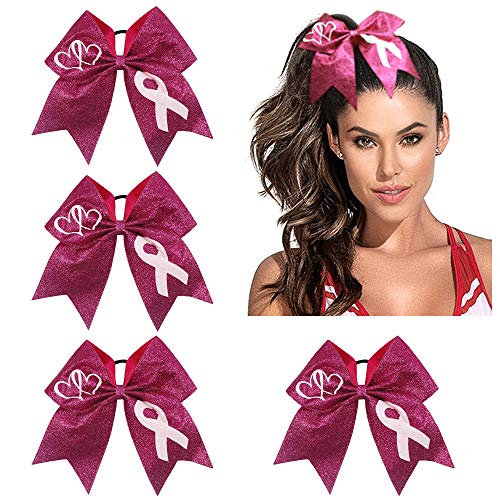 Subesty 7”Large Breast Cancer Awareness Girls Cheerleader Hair Bow Elastic Ponytail Holder For Cheerleader Girls Set Of 4