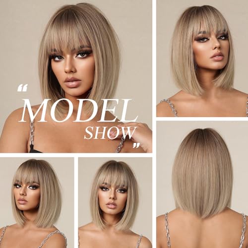 OUFEI Ombre Blonde Bob Wigs for Women Short Straight Wig with Bangs Synthetic Hair Heat Resistant Wigs for Daily Party Cosplay Wear