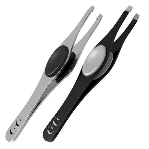 Slanted Professional Tweezers for Eyebrows & Plucking – Precision Tweezers for Women Facial Hair Removal, Ingrown Hairs, Men Grooming Kit – Sharp Tweezer has Silicone Grip, Silver, Black