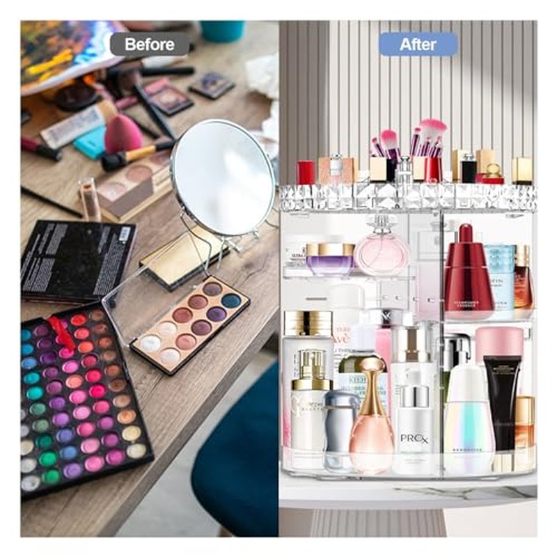 MISERWE 360 Rotating Makeup Organizer, DIY Adjustable Makeup Carousel Spinning Holder Rack, Large Capacity Cosmetic Brush Lipstick Storage Organizer Box for Vanity