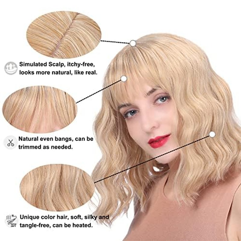 MOSINA Curly Wavy Wig with Bangs for Women,Synthetic 12 inches Light Blonde Short Bob Wigs for Black Women,Heat Resistant Fiber Wig for Suitable for work, parties and other occasions Use