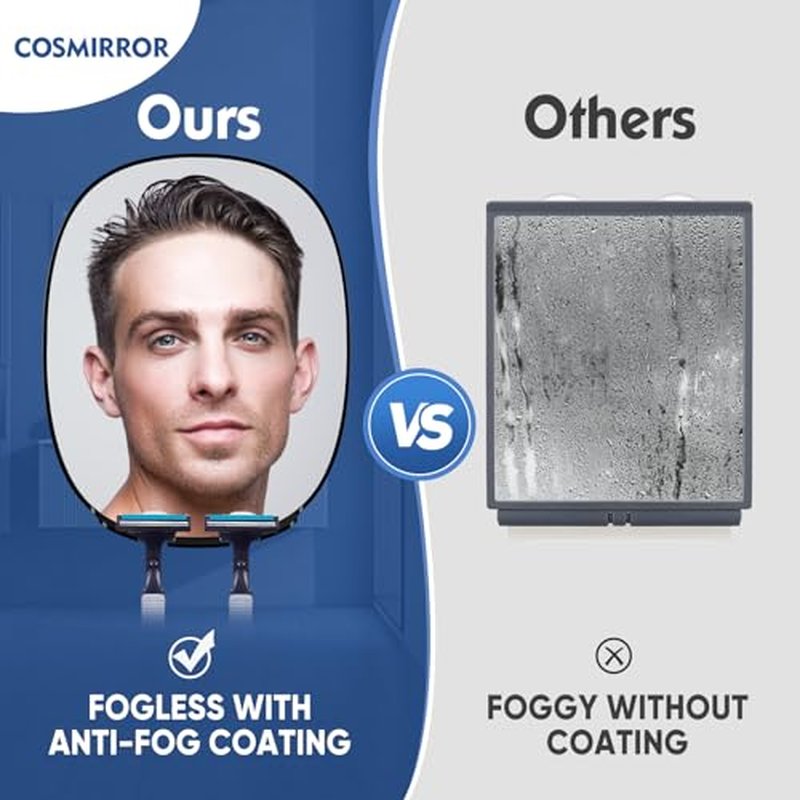 COSMIRROR Shower Mirror Fogless for Shaving with Updated Adhesive,360° Rotation,Two Razor Holders No-Drilling Fogless Mirror for Shower, Shatterproof & Waterproof Bathroom Shaving Mirror