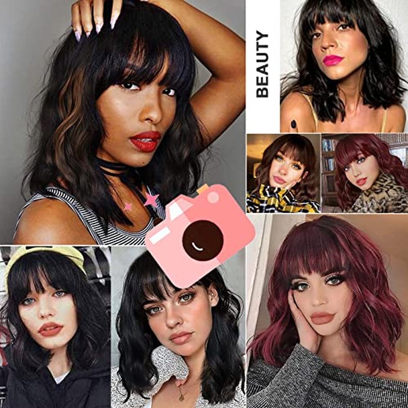 LINGDORA Curly Black Bob Wigs for Women Girl Synthetic Short Wig with Bangs Natural Water Wave Hair Wigs Heat Resistant Fiber for Daily Party Cosplay (Black)