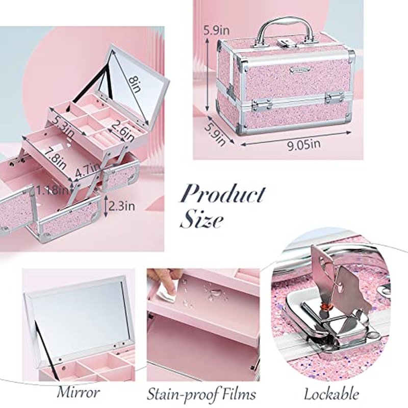 FRENESSA Makeup Train Case Cosmetic Case Organizer Portable Makeup Box 2 Trays with Lockable Mirror Makeup Storage Organizer for Girls Makeup Artist Makeup Tools Travel Makeup Case Glitter Pink