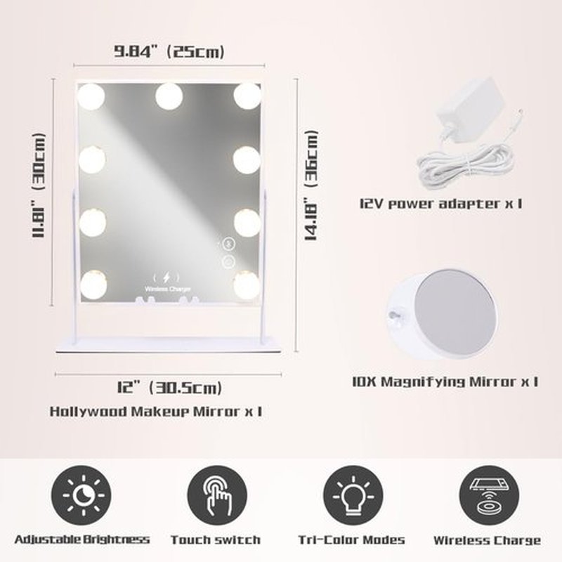 COOLJEEN Vanity Mirror with Lights and Bluetooth, Wireless Charging Lighted Vanity Mirror with Phone Stand, 9-Bulb 3 Color Lighting Tabletop Lighted Makeup Mirror, 360°Rotation