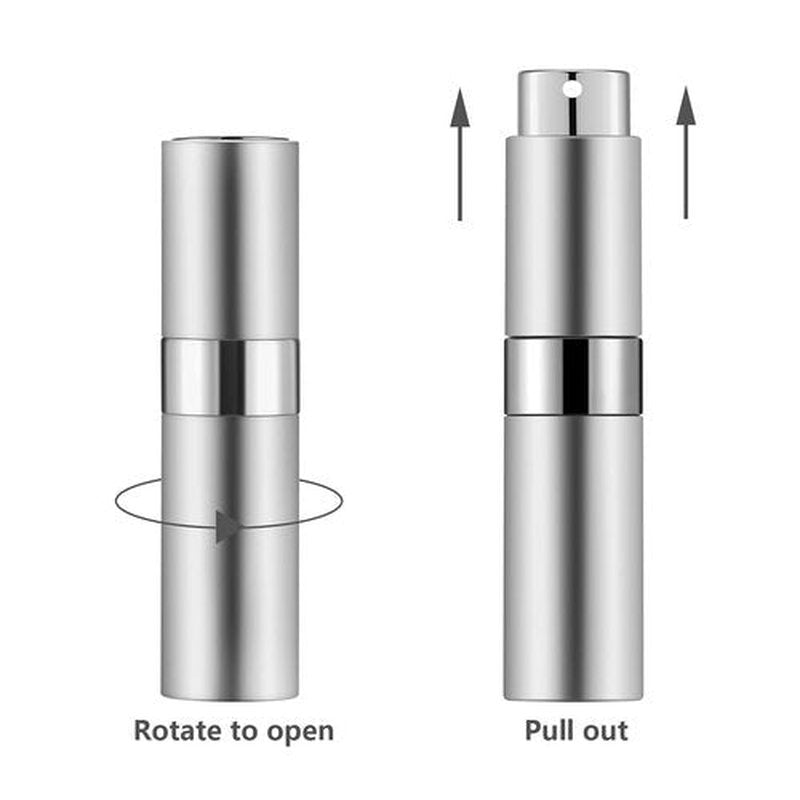 Lil Ray 8ml Portable Mini Perfume Atomizer(4 PCS)，Refillable Empty Small Spray Bottle for Travel, Twist Tpye Pocket Cologne Sprayer (Silver)