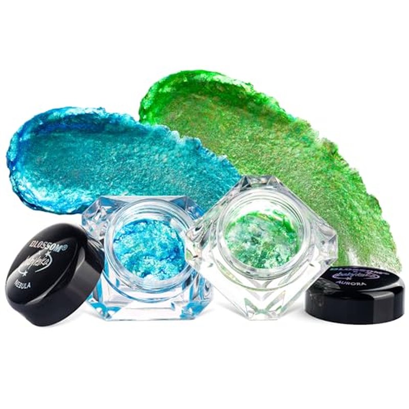 Blossom x babyleska Stellar Glow Gel Chrome Flake Eyeshadow Flake Multichrome Color Gradient Shiny Eye Shadow Topper Multi-Tone High Shine Finish Metallic Glitter Shimmer, 2pk, Aurora/Nebula